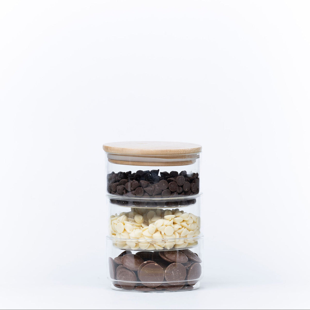 Stackable Round Bamboo Glass Jar – 450ml, perfect for kitchen organisation, storing pantry items and enhancing storage organisers.