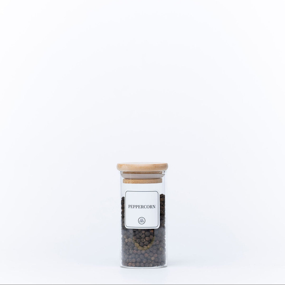 Round Glass Spice Jars with Bamboo Lid – 3 Sizes: Ideal for kitchen pantry organisation, featuring peppercorn storage in glass jars.