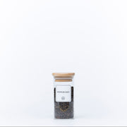 Round Glass Spice Jars with Bamboo Lid – 3 Sizes: Ideal for kitchen pantry organisation, featuring peppercorn storage in glass jars.