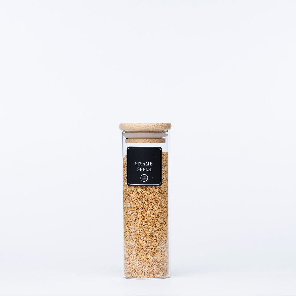 Round Glass Spice Jar with Bamboo Lid – 3 Sizes for kitchen or pantry organisation. Ideal storage organiser for sesame seeds.