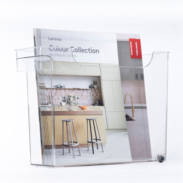 Clear pull-out organiser on wheels used on a deep shelf for bathroom or laundry storage