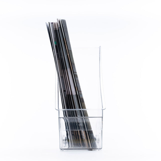 Clear Pull-Out Organiser holding magazines, ideal for kitchen or pantry deep shelf storage, enhancing organisation and easy access.