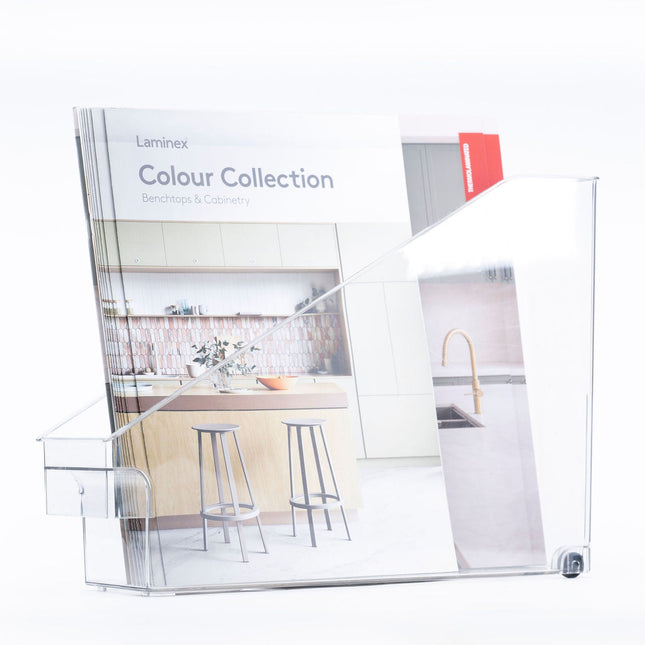 Clear Pull-Out Organiser holding kitchen catalogues, ideal for pantry organisation and deep shelves storage.