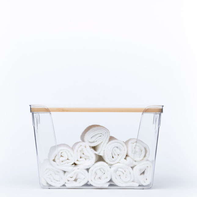 Clear Storage Container with Bamboo Lid – 29cm holding rolled towels, ideal for bathroom or under sink storage and organisation.