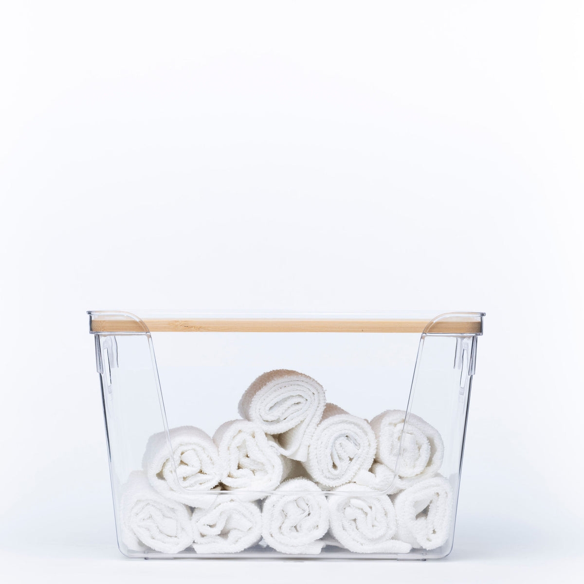 Clear Storage Container with Bamboo Lid – 29cm holding rolled towels, ideal for bathroom or under sink storage and organisation.