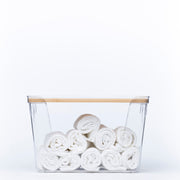 Clear Storage Container with Bamboo Lid – 29cm holding rolled towels, ideal for bathroom or under sink storage and organisation.