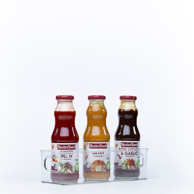Clear Multi-Use Storage Tub With Lip – Mini holding sauce bottles for pantry organisation; ideal storage organisers for kitchen