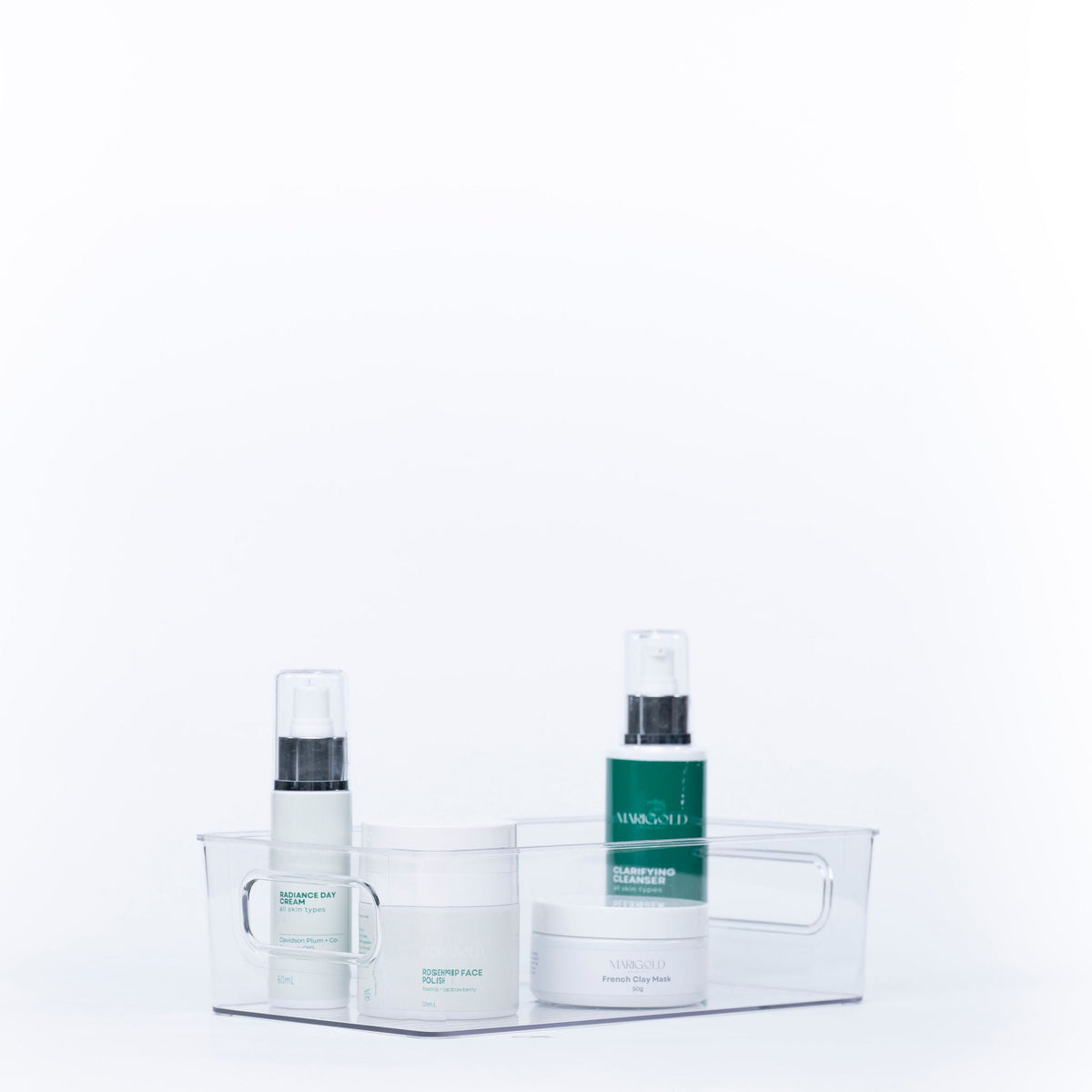 Clear Multi-Use Storage Tub With Lip – Small used for organising skincare products in the bathroom. Ideal for vanity organisation.
