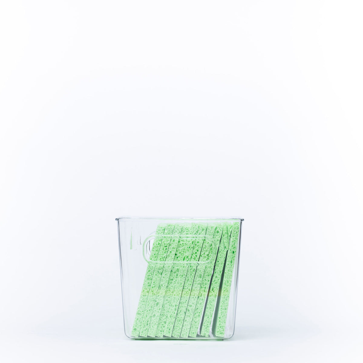 Clear Multi-Use Storage Tub With Lip – Medium holding sponges for kitchen organisation, ideal for under sink storage.