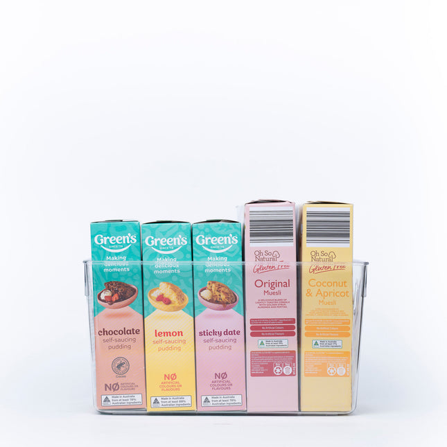 Clear Multi-Use Storage Tub With Lip – XL used for pantry organisation, neatly holding boxed desserts. Ideal storage organisers for kitchen.