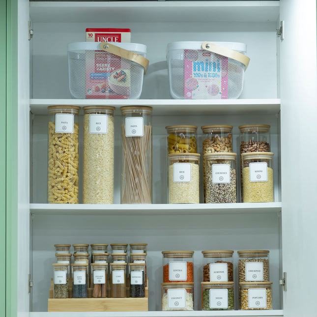 Whole Kitchen Organising Kit with glass jars for pantry organisation, featuring storage organisers for pasta, cereals, and spices.