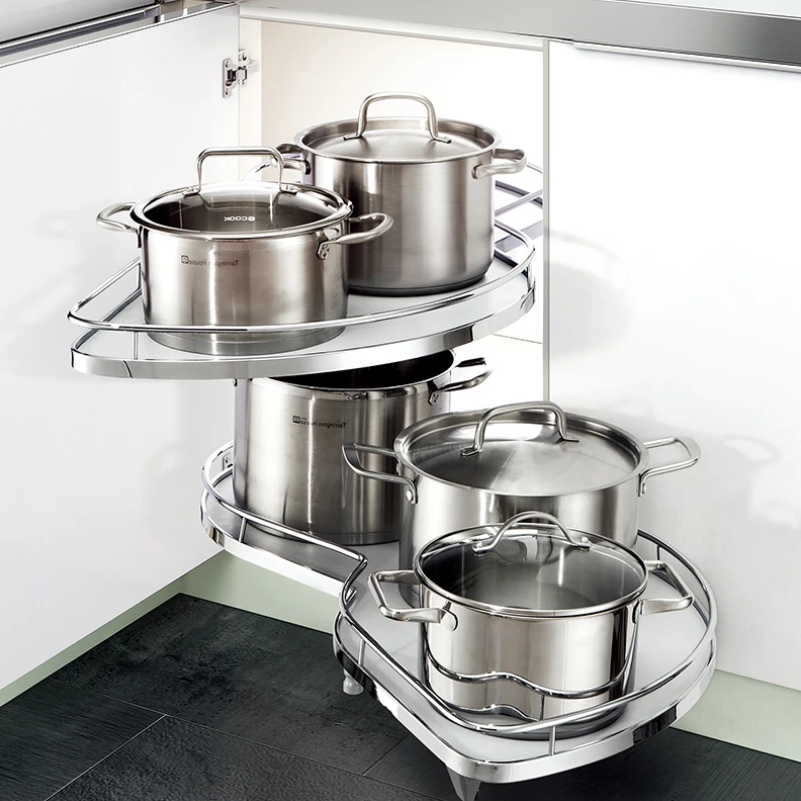 Swivel Corner Cabinet Shelf – Corner Storage Unit (800–900mm) maximising kitchen storage for pots in corner cabinets.