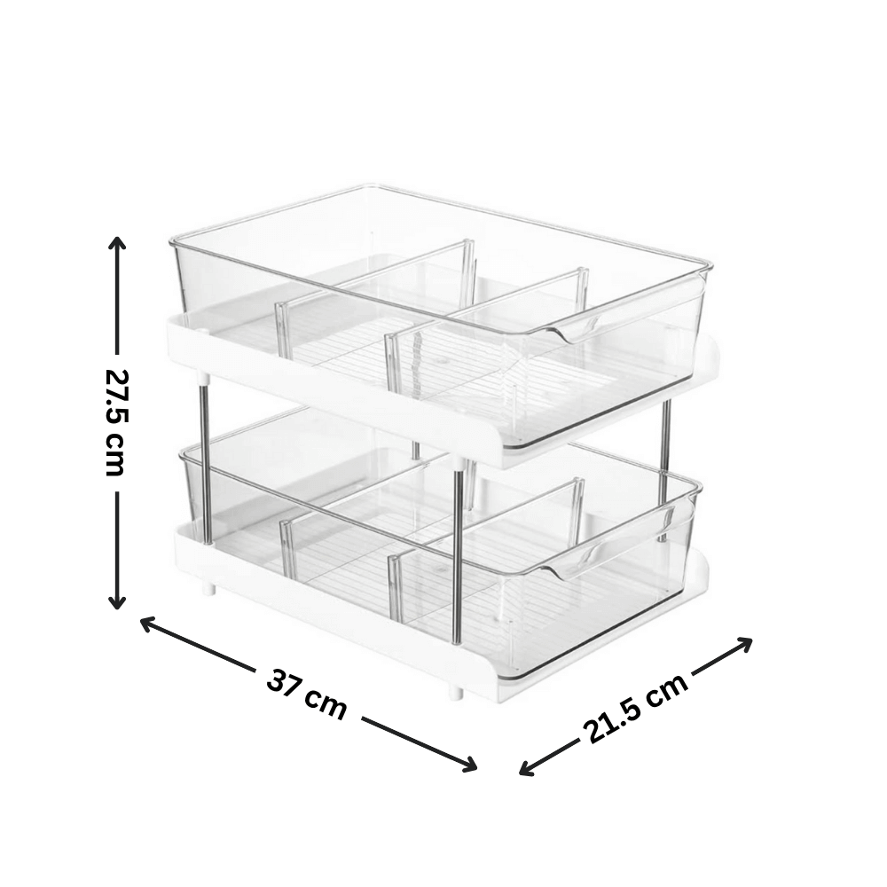 Clear plastic under-sink drawer organiser with measurements, ideal for kitchen or pantry, enhances storage with pull out bins.