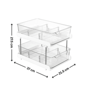 Clear plastic under-sink drawer organiser with measurements, ideal for kitchen or pantry, enhances storage with pull out bins.