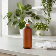 Amber Frost Spray Bottle – 500 ml Refillable Cleaner on a kitchen counter, ideal for kitchen organisation and storage.
