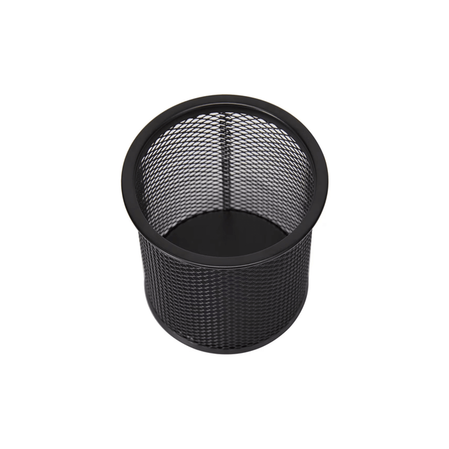 Black Mesh Pen Cup for Desk Organisation, ideal storage organiser for pens in home or office drawer. Perfect for kitchen organisation.