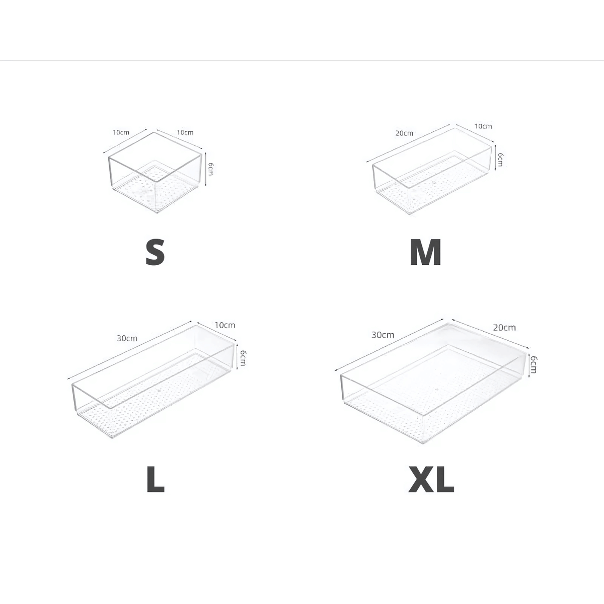 Illustration showing four sizes of Large Clear Drawer Organisers for kitchen and pantry storage, including S, M, L, and XL options.