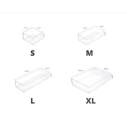 Illustration showing four sizes of Large Clear Drawer Organisers for kitchen and pantry storage, including S, M, L, and XL options.