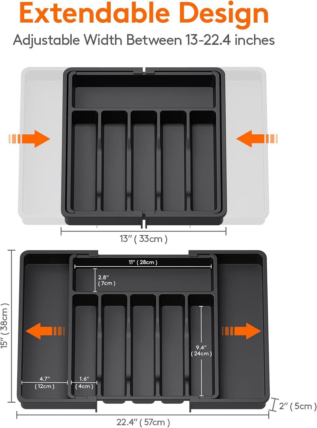 Expandable Cutlery Drawer Organiser Tray – Black (7 Slot) shown expanding with measurements for kitchen storage organisers.