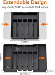 Expandable Cutlery Drawer Organiser Tray – Black (7 Slot) shown expanding with measurements for kitchen storage organisers.
