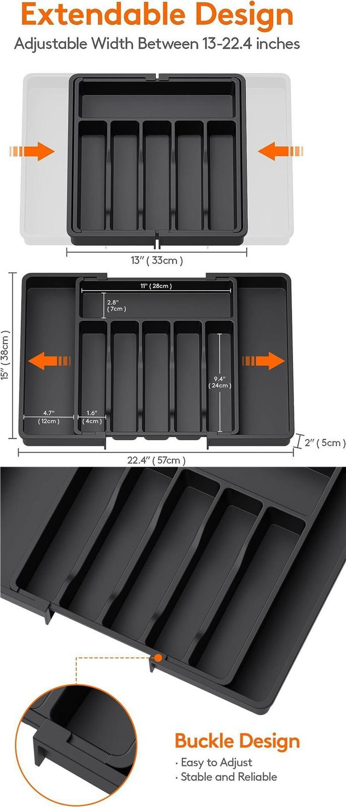 Black Expandable Cutlery Drawer Organiser Tray with adjustable 7 slots for efficient kitchen storage organisers