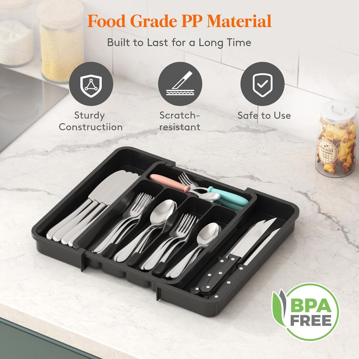Expandable Cutlery Drawer Organiser Tray – Black (7 Slot) showcasing efficient kitchen organisation.
