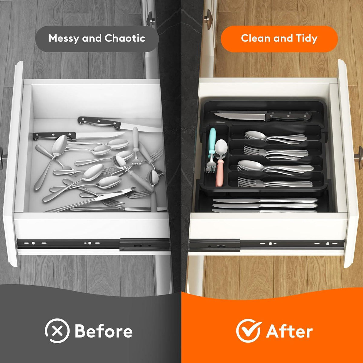 Expandable Cutlery Drawer Organiser Tray – Black (7 Slot) showcasing tidy kitchen storage with adjustable slots.