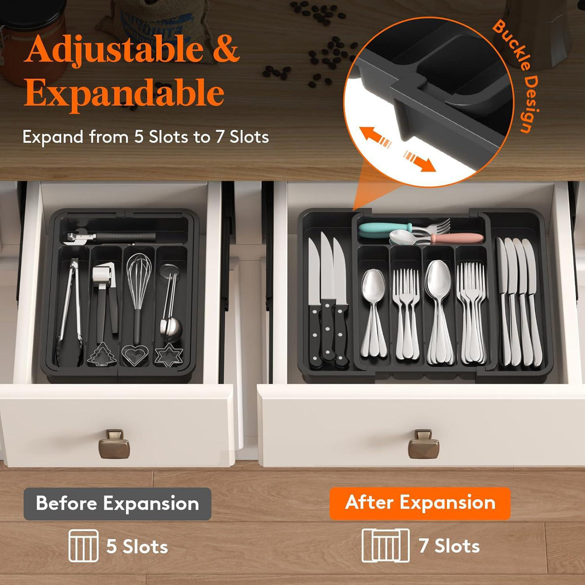 Expandable Cutlery Drawer Organiser Tray – Black (7 Slot) in kitchen drawer, enhancing kitchen organisation.