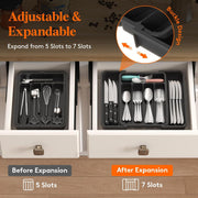Expandable Cutlery Drawer Organiser Tray – Black (7 Slot) in kitchen drawer, enhancing kitchen organisation.