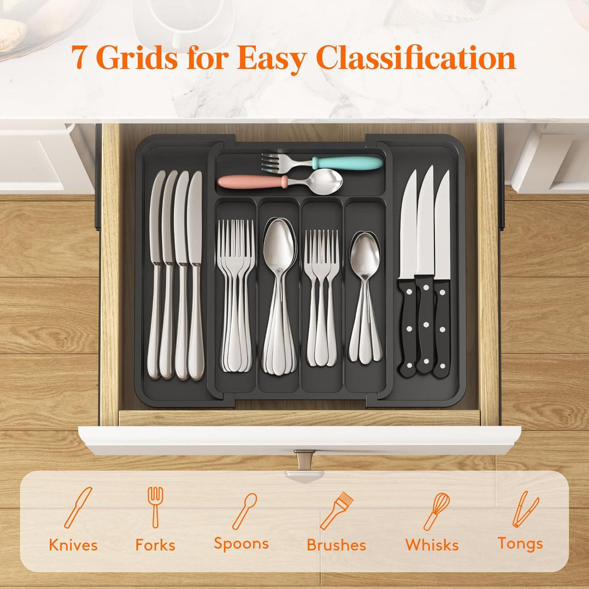 Expandable Cutlery Drawer Organiser Tray – Black (7 Slot) in kitchen drawer, perfect for tidy cutlery storage and kitchen organisation.