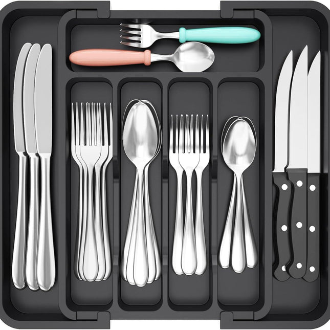 Expandable Cutlery Drawer Organiser Tray – Black (7 Slot) for kitchen tidy storage, enhancing drawer organisation.
