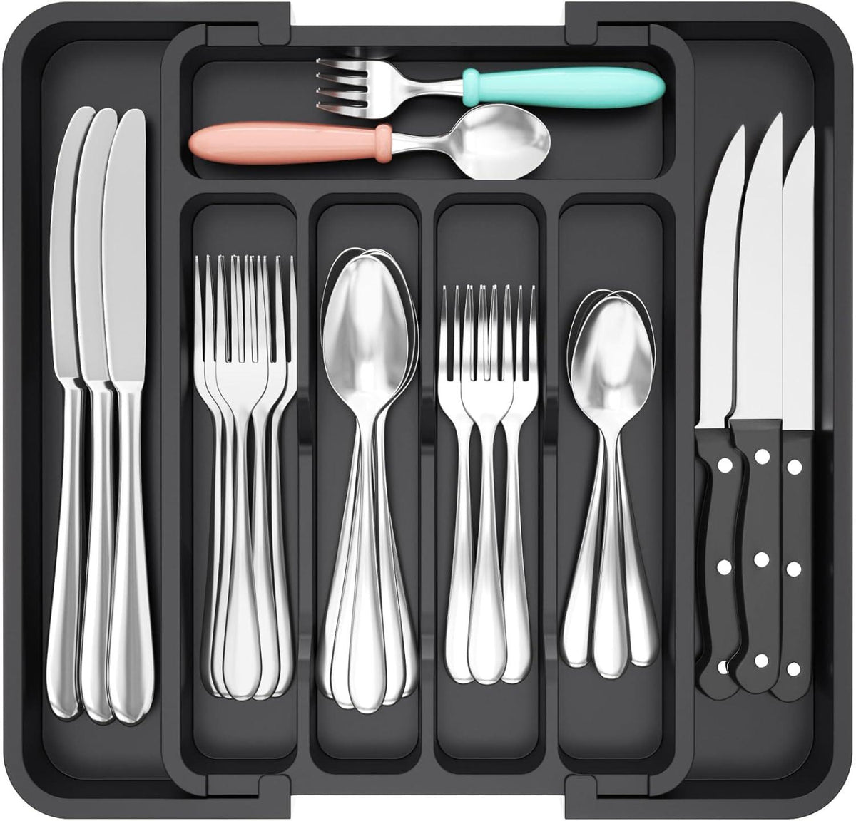 Expandable Cutlery Drawer Organiser Tray – Black (7 Slot) for kitchen tidy storage, enhancing drawer organisation.