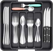 Expandable Cutlery Drawer Organiser Tray – Black (7 Slot) for kitchen tidy storage, enhancing drawer organisation.