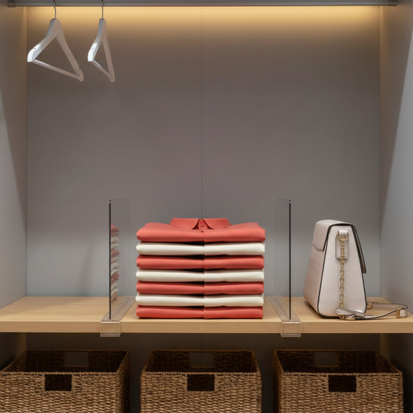 Closet with folded clothes on a wooden shelf, wicker baskets below, and hanging clothes on the sides.