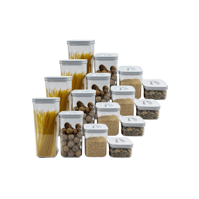 Clear Small Pantry Organizer Set – 18 Pack filled with dry pasta and nuts, ideal for pantry organisation in the kitchen.