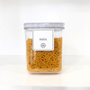 Transparent airtight container with twist lock filled with pasta, ideal for kitchen and pantry storage, home organisation, space-saving solutions.