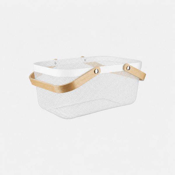 White Mesh Storage Basket With Bamboo Handle – 4 Pack