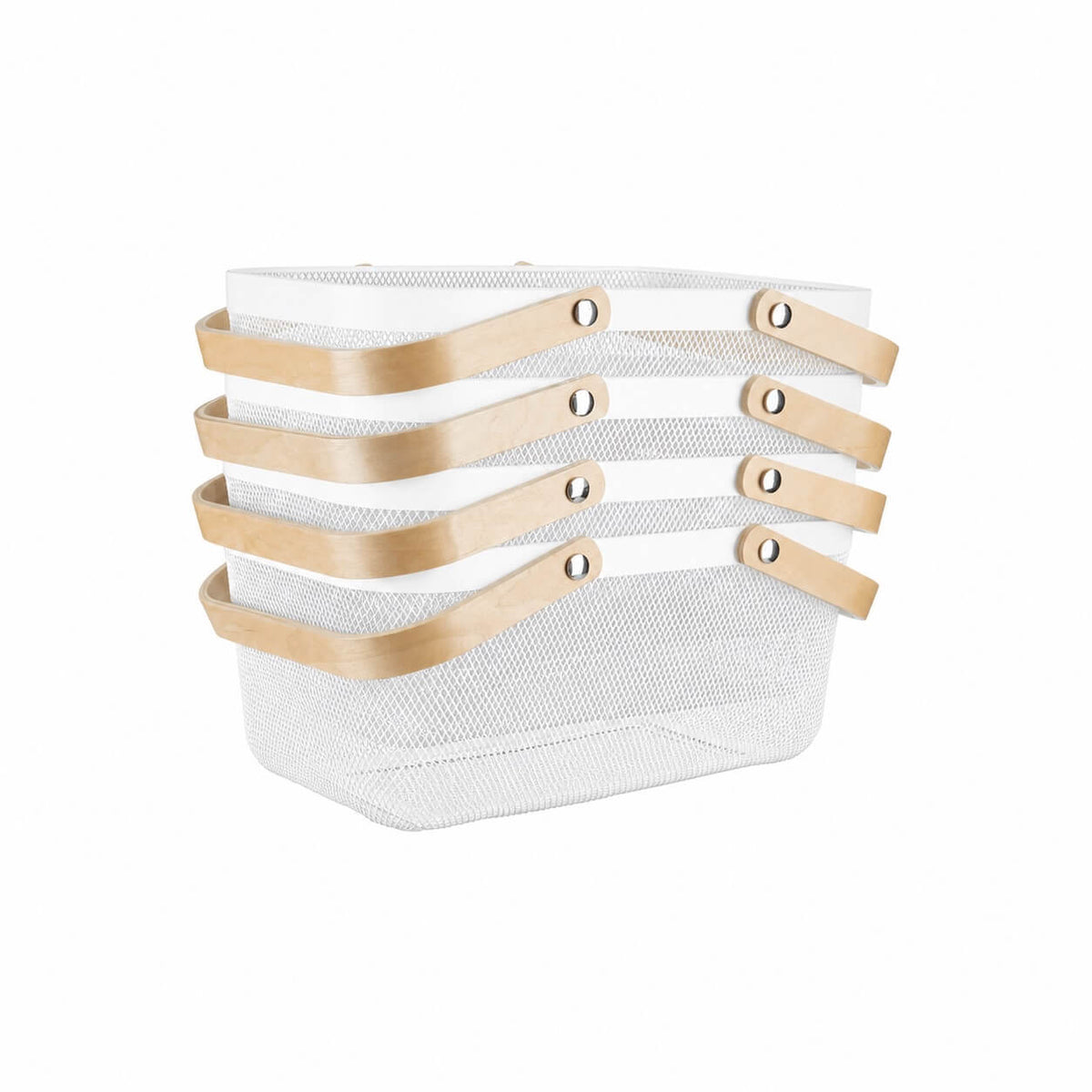 White Mesh Storage Basket With Bamboo Handle – 4 Pack