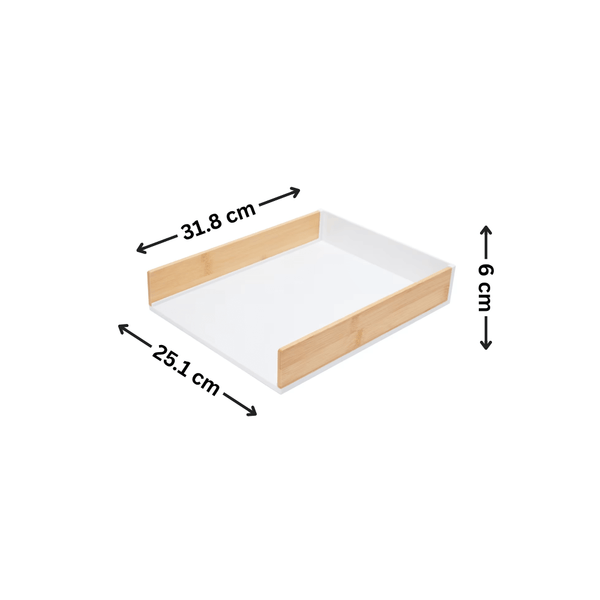 White bamboo and plastic desk tray with measurements for organized workspace storage.