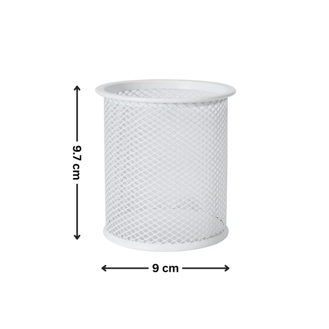 White Mesh Pen Cup for Desk Organisation measures 9.7 cm tall. Ideal for organising pens, part of desktop storage organisers collection.