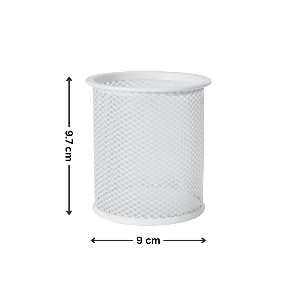 White Mesh Pen Cup for Desk Organisation measures 9.7 cm tall. Ideal for organising pens, part of desktop storage organisers collection.
