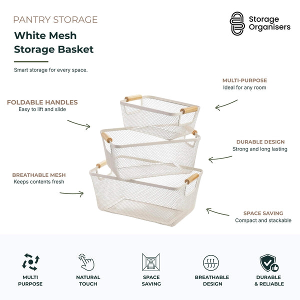 White Mesh Storage Basket with Wooden Handles