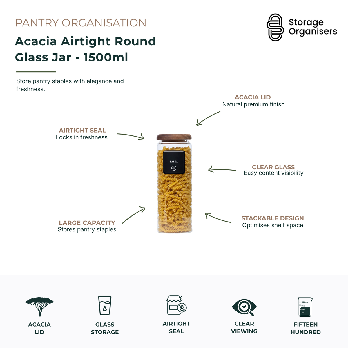 1500ml acacia airtight round glass storage jar with premium acacia wood lid, designed for stylish pantry organisation and long-lasting food freshness. Features a secure airtight seal to help preserve dry goods, clear glass construction for easy content visibility, stackable design for efficient shelf storage, and large capacity for pantry staples. Ideal for storing pasta, rice, cereals, flour, sugar, snacks, coffee, and other kitchen essentials while creating an organised and elegant pantry.