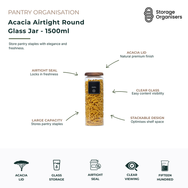 1500ml acacia airtight round glass storage jar with premium acacia wood lid, designed for stylish pantry organisation and long-lasting food freshness. Features a secure airtight seal to help preserve dry goods, clear glass construction for easy content visibility, stackable design for efficient shelf storage, and large capacity for pantry staples. Ideal for storing pasta, rice, cereals, flour, sugar, snacks, coffee, and other kitchen essentials while creating an organised and elegant pantry.