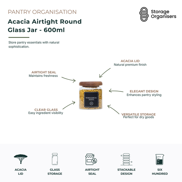 600ml acacia airtight round glass jar with clear glass body and natural acacia wood lid, ideal for pantry organisation and food storage. Features an airtight seal to help maintain freshness, stackable design for efficient shelf organisation, and transparent glass for easy visibility of pasta, grains, nuts, coffee, tea and dry ingredients. Stylish, durable and practical storage solution for organised kitchens and pantries.