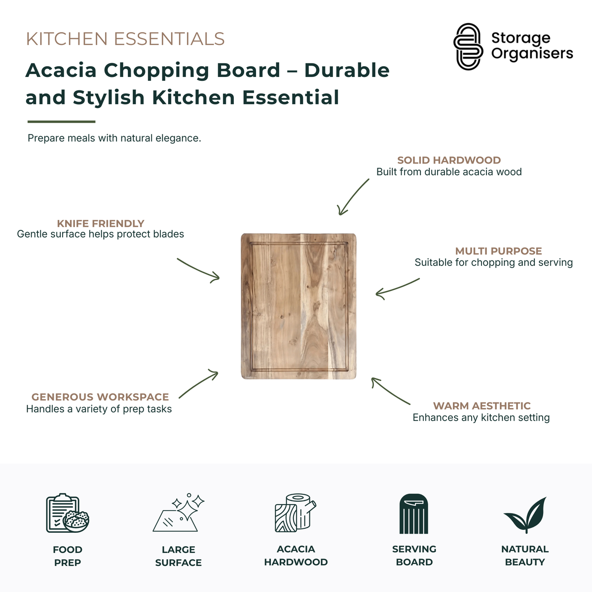 Large acacia chopping board crafted from durable natural hardwood for food preparation, chopping, slicing and serving. Knife-friendly wooden cutting board with a generous work surface, warm timber grain and versatile design suitable for meal prep, entertaining and everyday kitchen use. Stylish acacia wood chopping board that combines durability, functionality and timeless kitchen appeal.