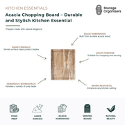 Large acacia chopping board crafted from durable natural hardwood for food preparation, chopping, slicing and serving. Knife-friendly wooden cutting board with a generous work surface, warm timber grain and versatile design suitable for meal prep, entertaining and everyday kitchen use. Stylish acacia wood chopping board that combines durability, functionality and timeless kitchen appeal.