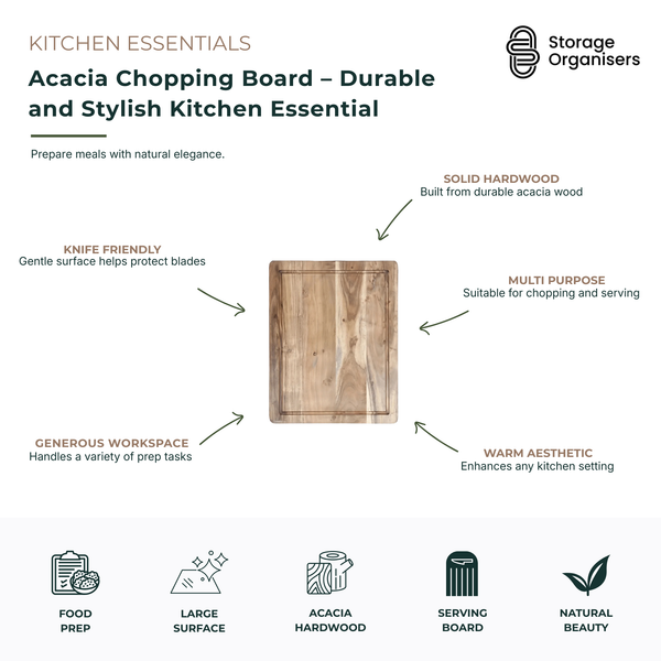 Large acacia chopping board crafted from durable natural hardwood for food preparation, chopping, slicing and serving. Knife-friendly wooden cutting board with a generous work surface, warm timber grain and versatile design suitable for meal prep, entertaining and everyday kitchen use. Stylish acacia wood chopping board that combines durability, functionality and timeless kitchen appeal.