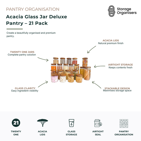 21-piece acacia glass jar deluxe pantry organisation set featuring clear glass storage jars with natural acacia wood lids. Designed to create a cohesive, organised pantry with airtight storage for grains, pasta, cereals, nuts, snacks, baking ingredients and dry goods. Features airtight seals to help maintain freshness, stackable design for efficient shelf storage, and transparent glass for easy ingredient visibility. Premium pantry storage solution for stylish and functional kitchen organisation.