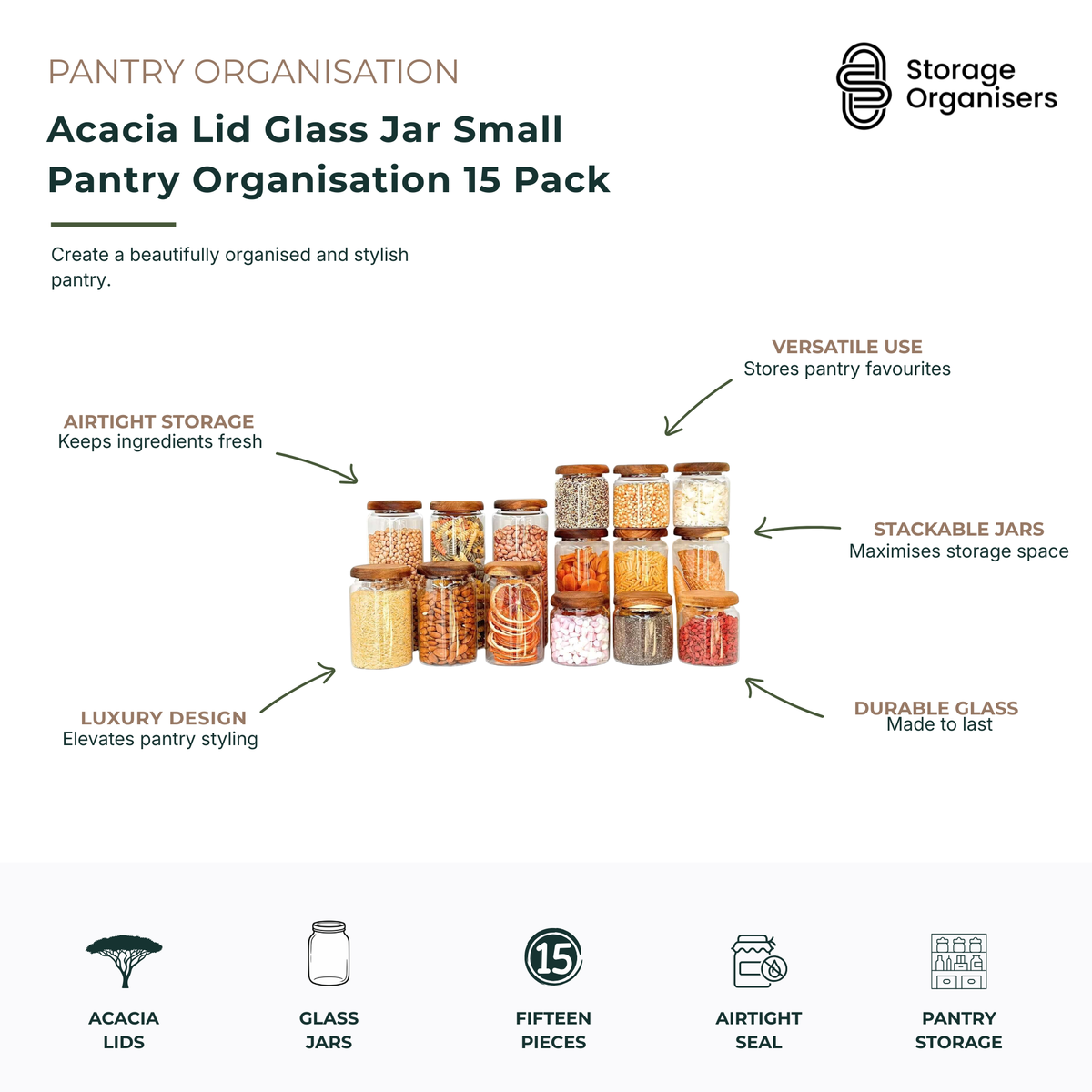 15-piece acacia lid glass jar pantry organisation set featuring airtight glass storage containers with natural acacia wood lids. Perfect for storing pasta, rice, nuts, cereals, spices, baking ingredients and dry pantry goods while keeping contents fresh, visible and neatly organised. Durable glass construction, stackable design and airtight seals help maximise pantry space, reduce clutter and create a stylish, coordinated kitchen storage solution.
